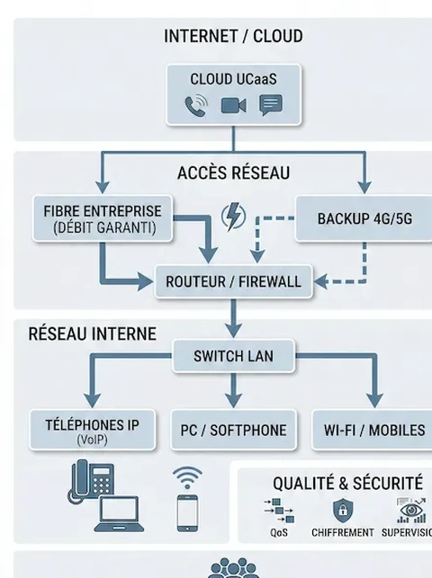 Schéma d’architecture télécom d’entreprise : accès, réseau local et segments séparés
