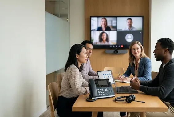 Salle de réunion équipée : écran de visioconférence et poste de téléphonie
