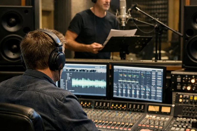 Enregistrement en studio : un comédien lit son texte au micro pendant qu’un ingénieur du son pilote la console