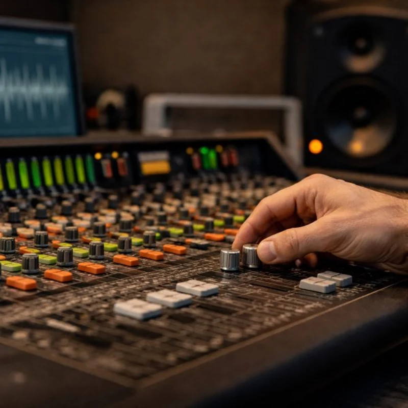Main d’ingénieur du son sur les curseurs d’une console de mixage, écrans de monitoring derrière