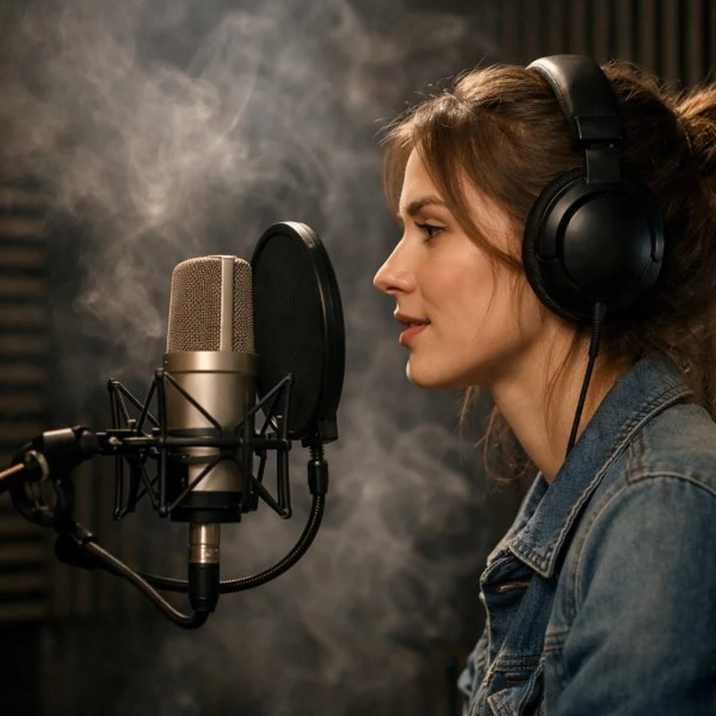 Comédienne au casque devant un micro de studio équipé d’un filtre anti-pop